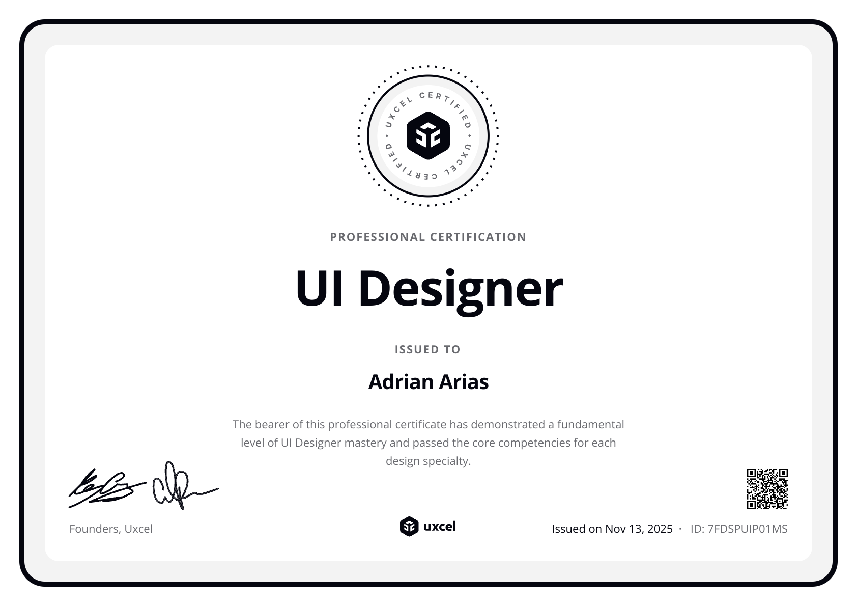 Adrian Arias's certificate